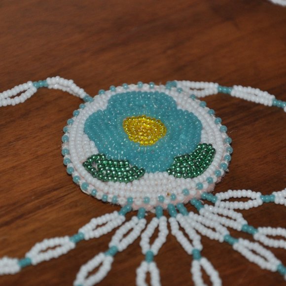 handcrafted Jewelry - New. Hand Beaded Round Medallion Light Blue Flower, Seed Bead, Necklace, Jewelry